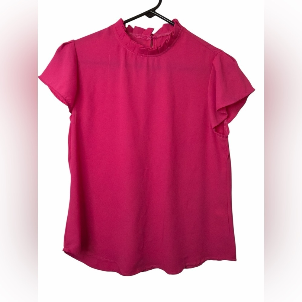 Pink Ruffle Neck Flutter Sleeve Top